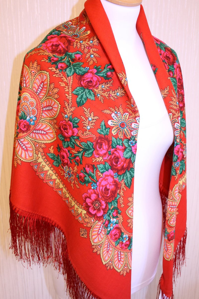 Original Pavlovo Posad Russian Shawl 100% Wool Woolen Scarf 110x110 1699-5 Red - 絲巾 - 羊毛 紅色