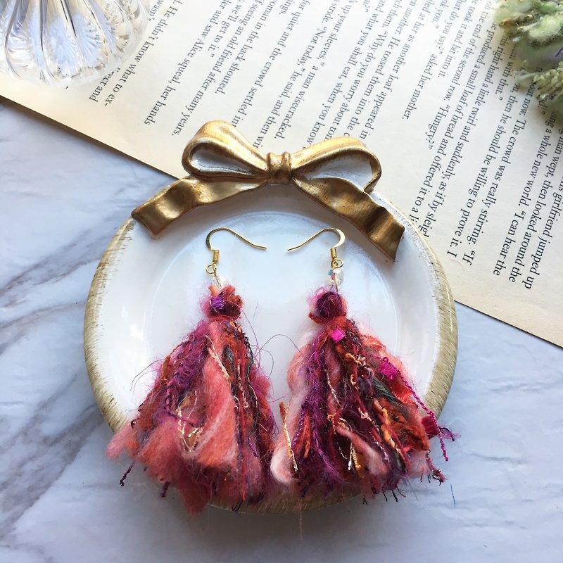 Mulberry red hand-spun crystal tassel earrings - Earrings & Clip-ons - Wool Red