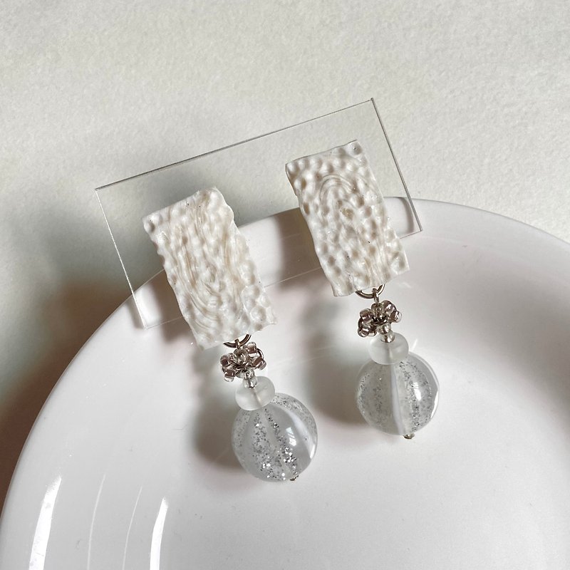 Hand-made soft pottery earrings Ripple series imitation metal forging ear needle Clip-On - Earrings & Clip-ons - Pottery White