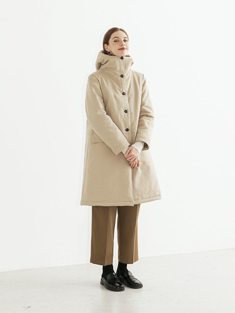 Khaki heavy cotton padded quilted jacket mid-length hooded cotton jacket - เสื้อแจ็คเก็ต - วัสดุอื่นๆ สีกากี