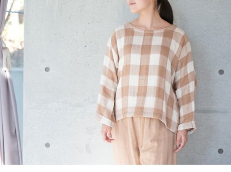 Organic Cotton triple gauze woven pattern check Loose pullover - Women's Tops - Other Materials 
