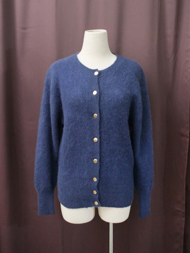 復古日本製森林系典雅素色普魯士藍羊毛古著針織毛衣外套 - 毛衣/針織衫 - 羊毛 藍色