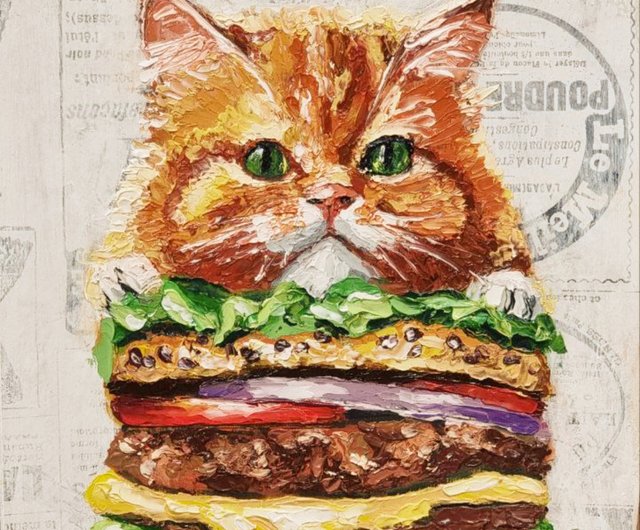 猫バーガー　油彩画　油絵　原画　額付き　オリジナル 原画】猫のシェフ／インテリア／油彩額入り 絵画 猫心～にゃんはーと