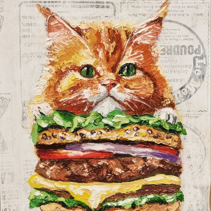 Burger Cat Painting Food Sandwich Original Art Bun Hamburger Fast Food Burgers - 海報/掛畫/掛布 - 其他材質 多色