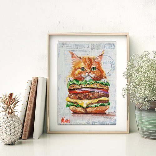 我慢猫　ハンバーガー　アクリル画 人気アイテム 我慢猫 アート・写真 アクリル画 ハンバーガー