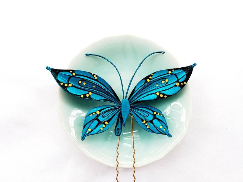 Blue Butterfly Silk Flower Hairpin Handmade Head Unique Accessories - Other - Thread Blue