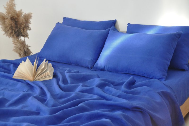 Royal blue linen flat sheet / Linen bedsheet / Softened stonewashed linen sheet - 寢具/床包 - 亞麻 藍色