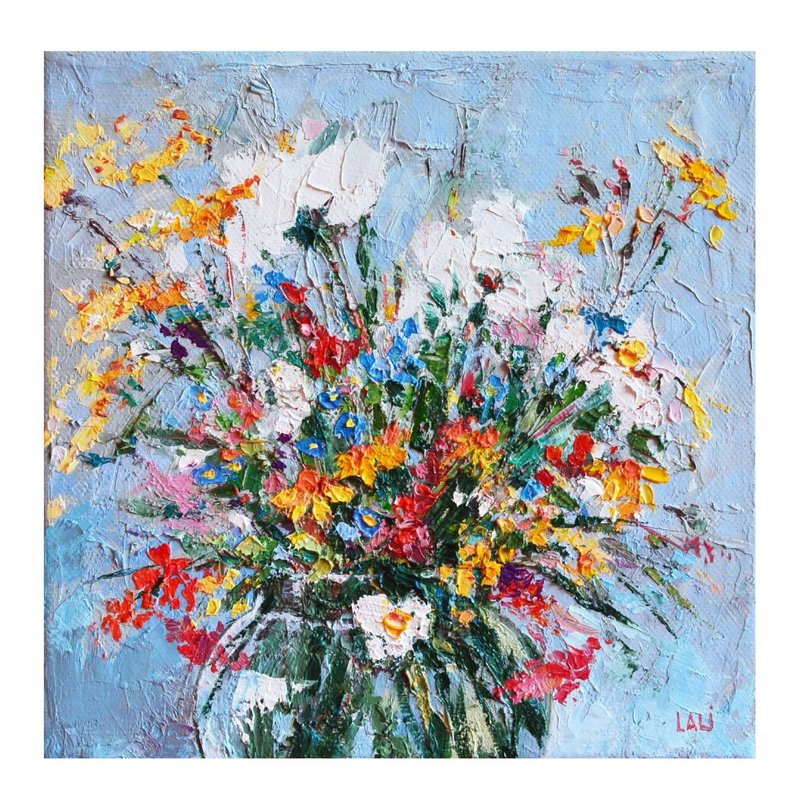 Meadow Flowers Original Oil Painting Canvas Impasto 20x20cm Modern Wildflowers - Illustration, Painting & Calligraphy - Other Materials Yellow