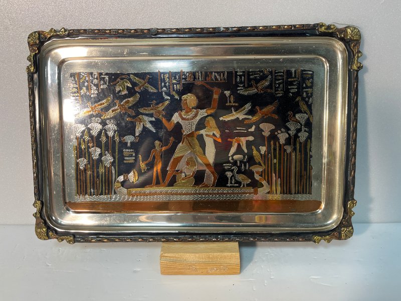 100% Egyptian imported rectangular handmade copper plateTomb-painting Representi - Items for Display - Copper & Brass Gold