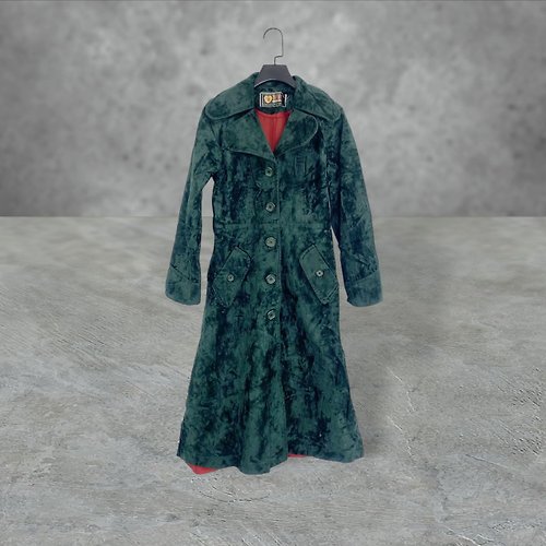 蘿綺莉蕾芭索 綠色 細毛絨 略硬挺 口袋 合身 洋裝式 30腰 外套 大衣 OPME25