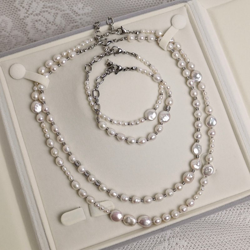 Baroque Pearl Double Necklace + Double Bracelet Set Natural Freshwater Pearl Double Layer Long Chain Stacking - Long Necklaces - Pearl White