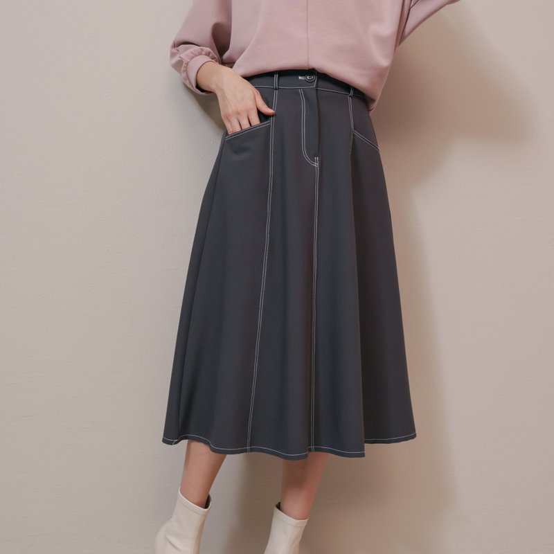 Retro line sewing-slimming long skirt-blue - กระโปรง - ผ้าฝ้าย/ผ้าลินิน สีน้ำเงิน