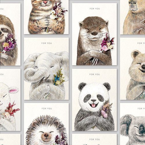 LITTLE GRAY 【動物款】動物插畫明信片/卡片 溫馨手繪/乾燥花/萬用卡