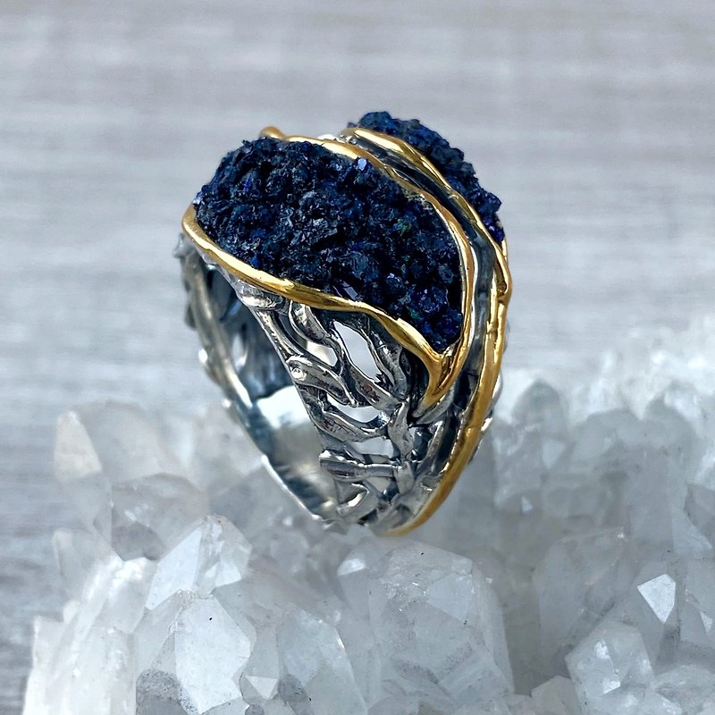 Azurite ring in sterling silver and 24 K gold plated for women, Armenia jewelry