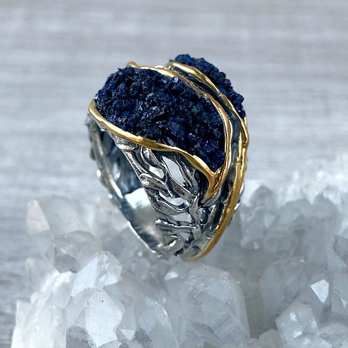 Shahinian Jewelry Azurite ring in sterling silver and 24 K gold plated for women, Armenia jewelry
