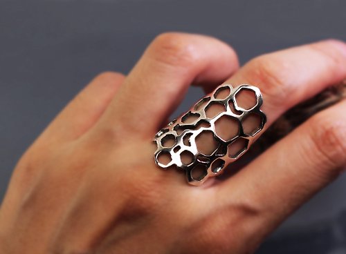 Maple jewelry design 大戒指系列-寬版六角型925銀開口戒