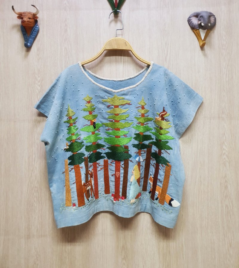 手工刺繡襯衫、棉麻麵料、狐狸、鹿、花 - 女上衣/長袖上衣 - 繡線 藍色