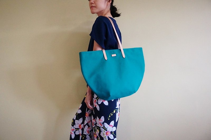 棉．麻 手提包/手提袋 藍色 - Turquoise Beach Tote Bag with Leather Strap - Casual Weekend Tote