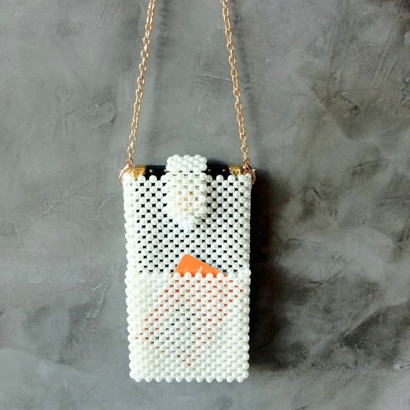 Handmade Pearl Beaded Cell Phone Bag with Gold Chain, Phone Bag Crossbody. - Other - Other Materials 