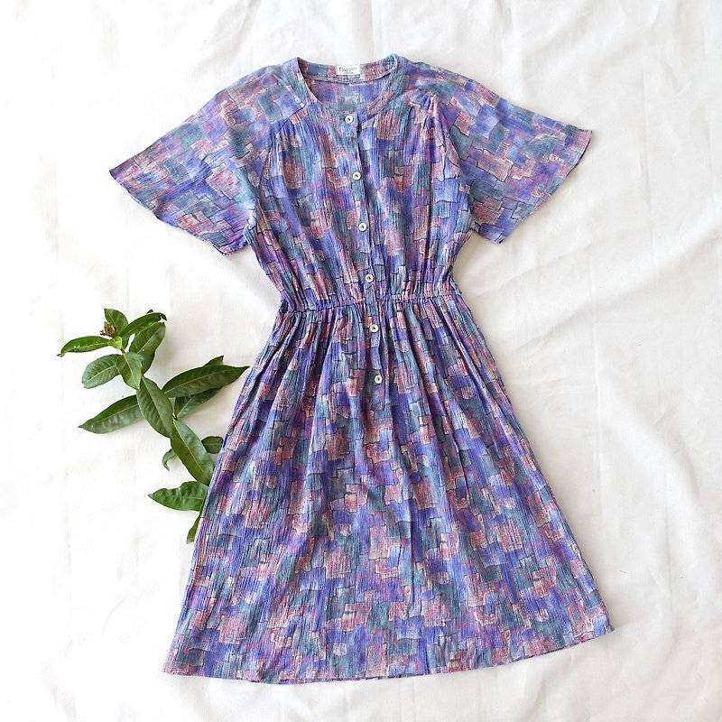 BajuTua /古著/藍紫色 粉彩縮腰連身裙 - 洋裝/連身裙 - 棉．麻 藍色