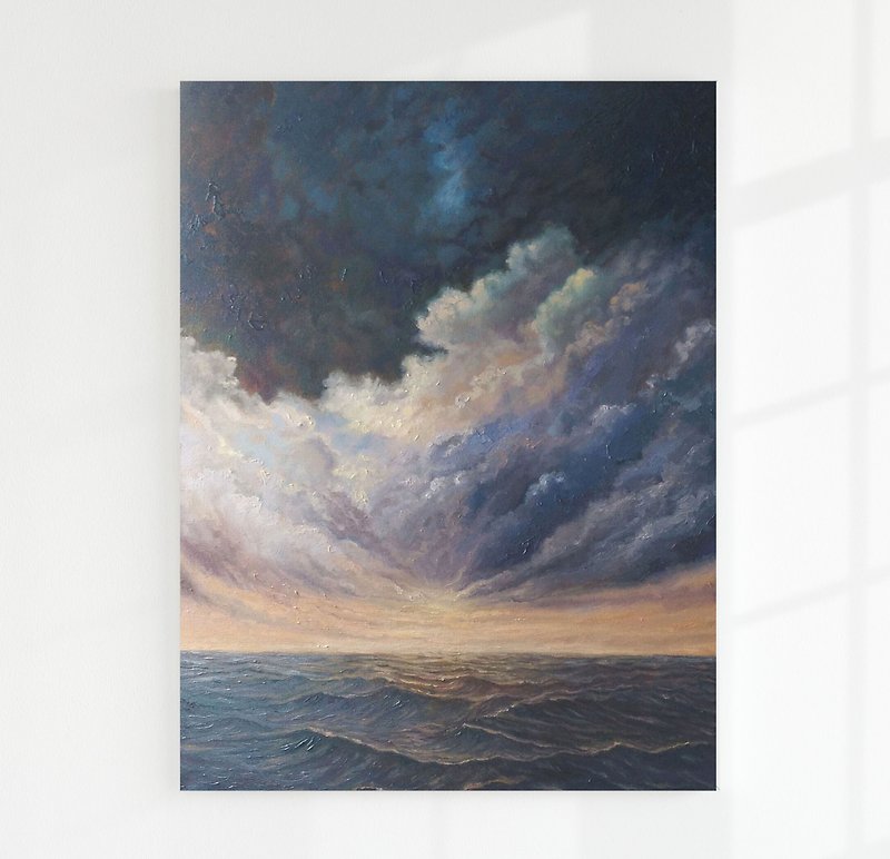 Seascape Abstract Painting,Clouds Sky Wall Art,Large Oil Painting,Original Art - Wall Décor - Other Materials Blue