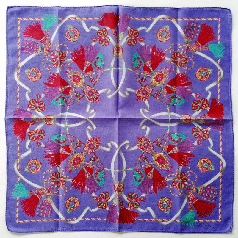 Celine Paris Vintage Handkerchief Colorful Tassel 18.5 x 18.5 inches - 手帕 - 棉．麻 紫色