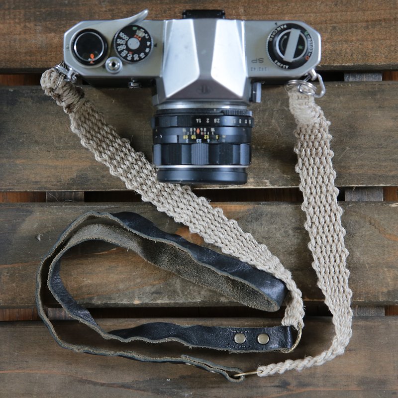 Leather and linen combination camera strap - ขาตั้งกล้อง - หนังแท้ สีดำ