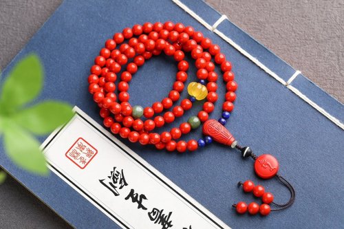 水墨 天然原礦硃砂精品紅砂108顆佛珠手鏈項鏈硃砂含量高達95%