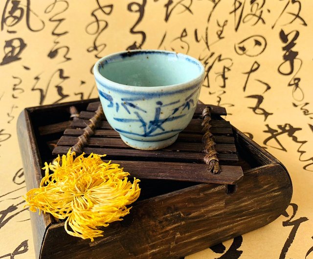 中國清朝三代青花瓷小酒杯│ 竹葉紋白地藍花彩瓷器古件收藏瑞文