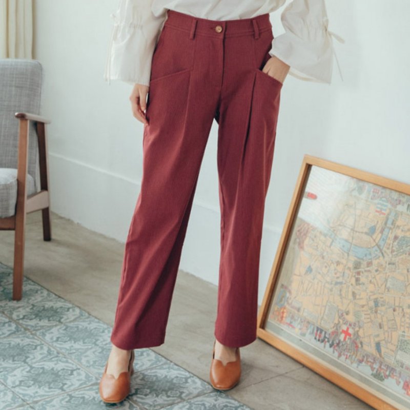 Mr. Long Legs Pocket Styling Pants - Wine Red Suzaku - กางเกงขายาว - ผ้าฝ้าย/ผ้าลินิน สีแดง