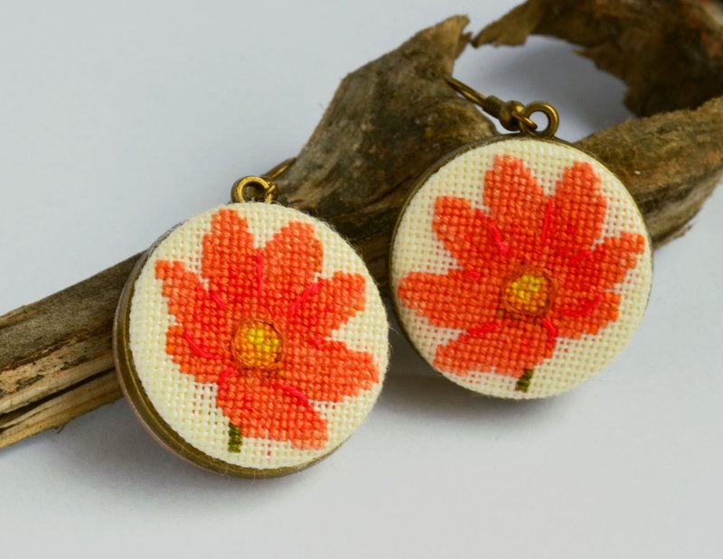 Tangerine flower embroidered earrings, Holiday gift for woman - Earrings & Clip-ons - Thread Orange