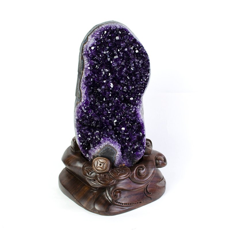紫水晶 頂級烏拉圭紫晶鎮 紫晶簇 5A深紫透光 手工客製木座 - 其他 - 水晶 紫色