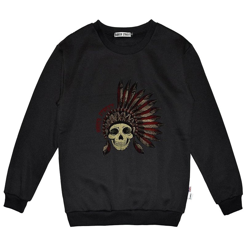 British Fashion Brand -Baker Street- Indian Skull Printed Sweatshirt - Unisex Hoodies & T-Shirts - Cotton & Hemp Black