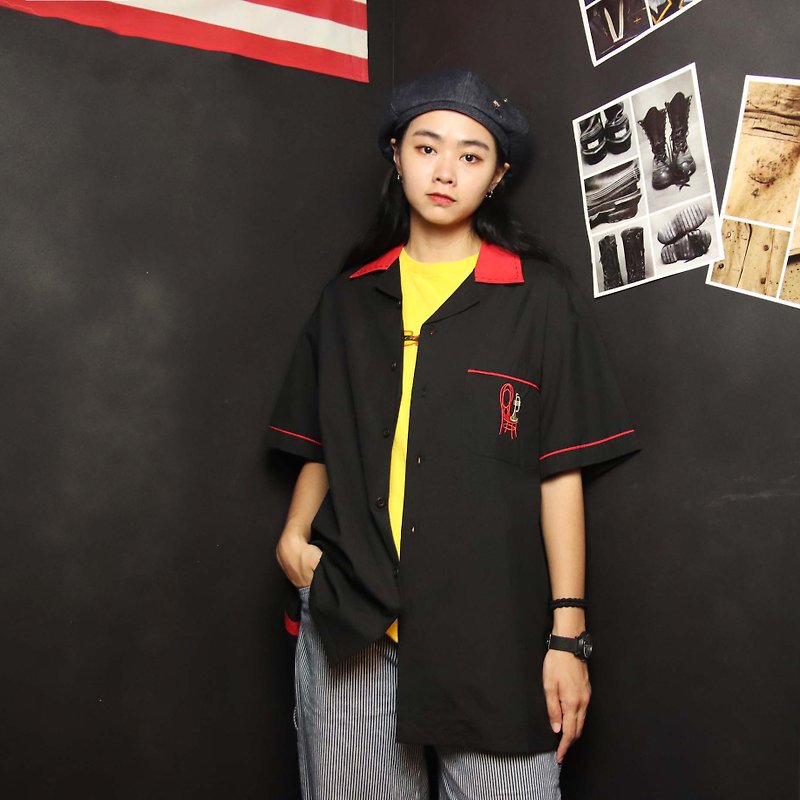 Tsubasa.Y Ancient House 004 red and black embroidered bowling shirt, bowling shirt - เสื้อเชิ้ตผู้ชาย - เส้นใยสังเคราะห์ สีแดง