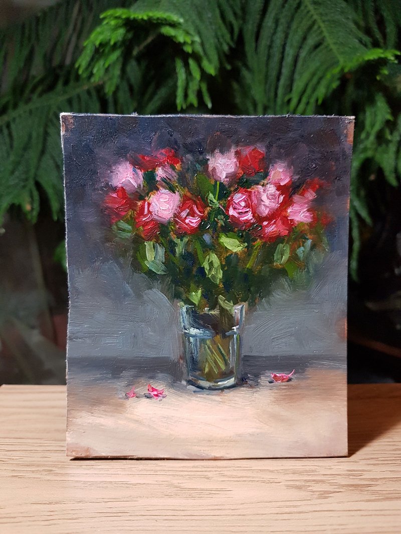 Rose Painting Flower Original Art Impasto Floral Oil Painting Still Life Art - ตกแต่งผนัง - วัสดุอื่นๆ สีแดง