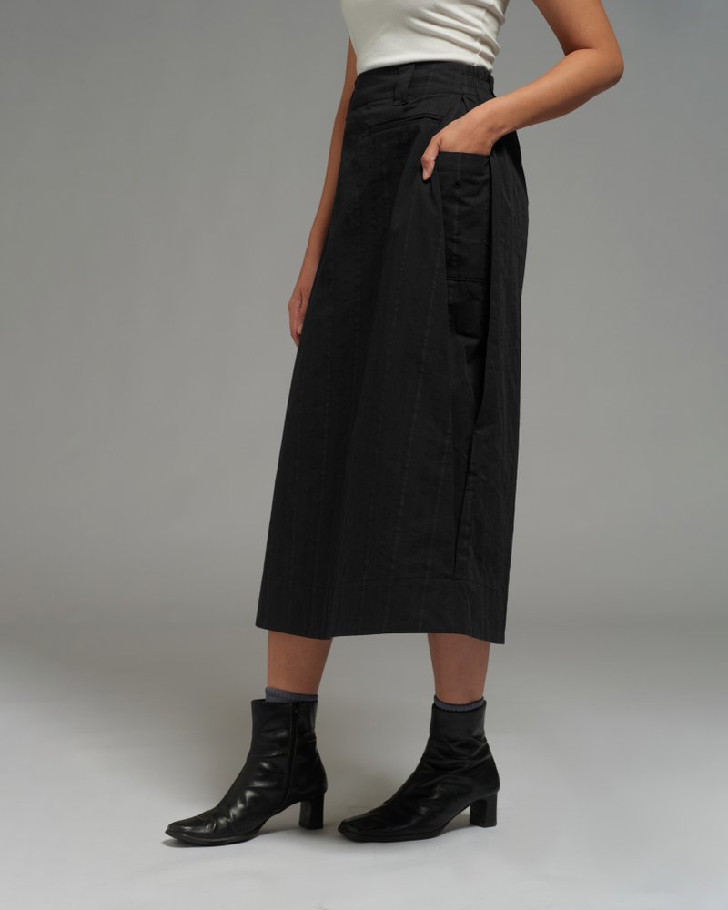 女裝：側褶裙 (黑色) - 裙子/長裙 - 棉．麻 黑色