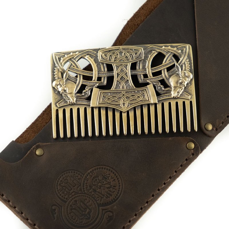 Viking brass handmade beard comb, barbers beard and moustache care pocket comb - 髮圈/髮夾 - 其他金屬 金色