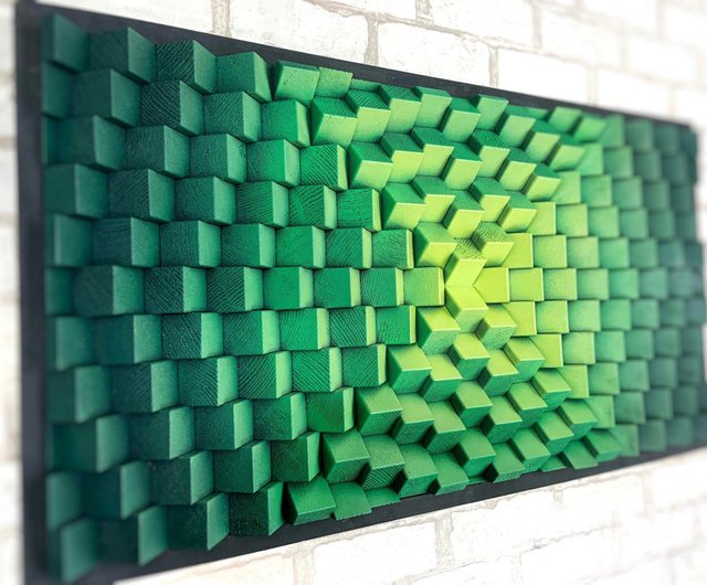 緑の壁の装飾 - 木製の壁アート - 幾何学的な 3D 音響パネル 