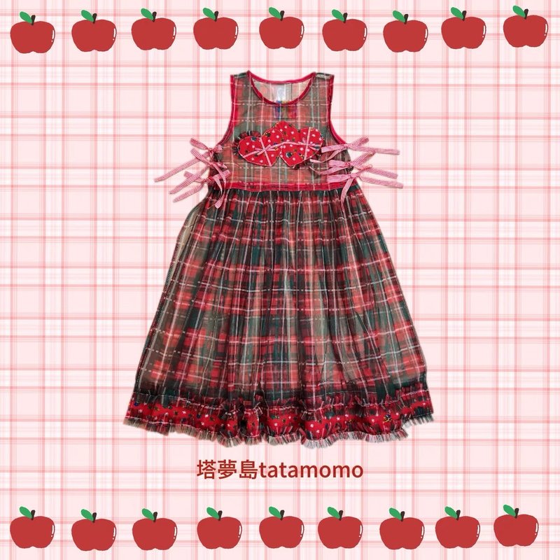 Fruit collage party Japanese style cute girl plaid vest dress - ชุดเดรส - วัสดุอื่นๆ สีแดง