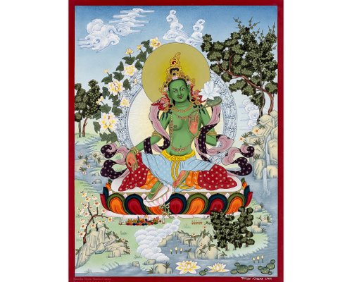 チベット　グリーンターラ菩薩　タンカ 一点物〕タンカ - グリーン・ターラ[30cm x 40cm] の通販[送料