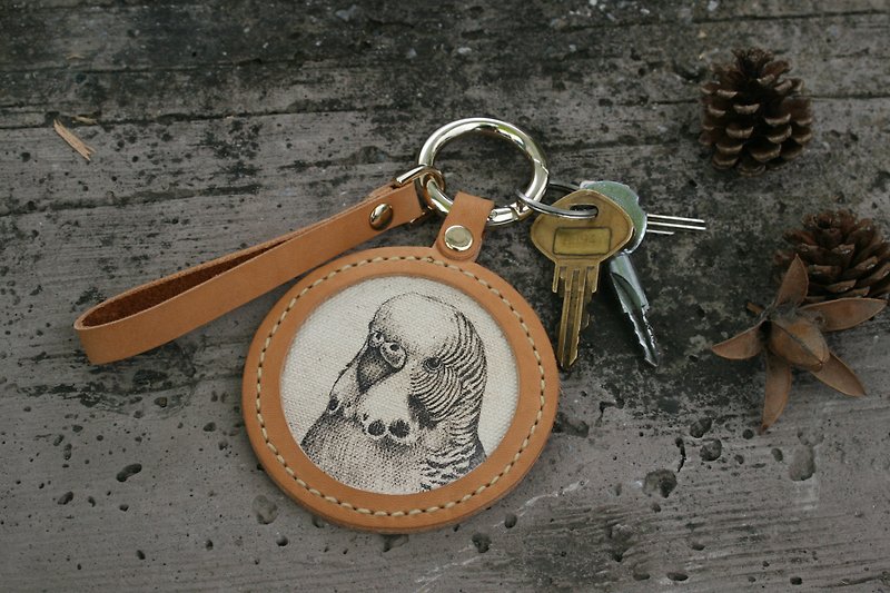 Handmade leather - pet sketch key ring - budgie / can be engraved English name - Keychains - Genuine Leather Brown