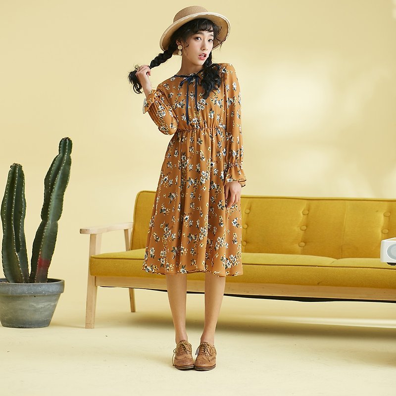[Buy two get one free] 2019 women's spring wear chiffon print dress dress skirt YNC8043 - One Piece Dresses - Other Materials Yellow