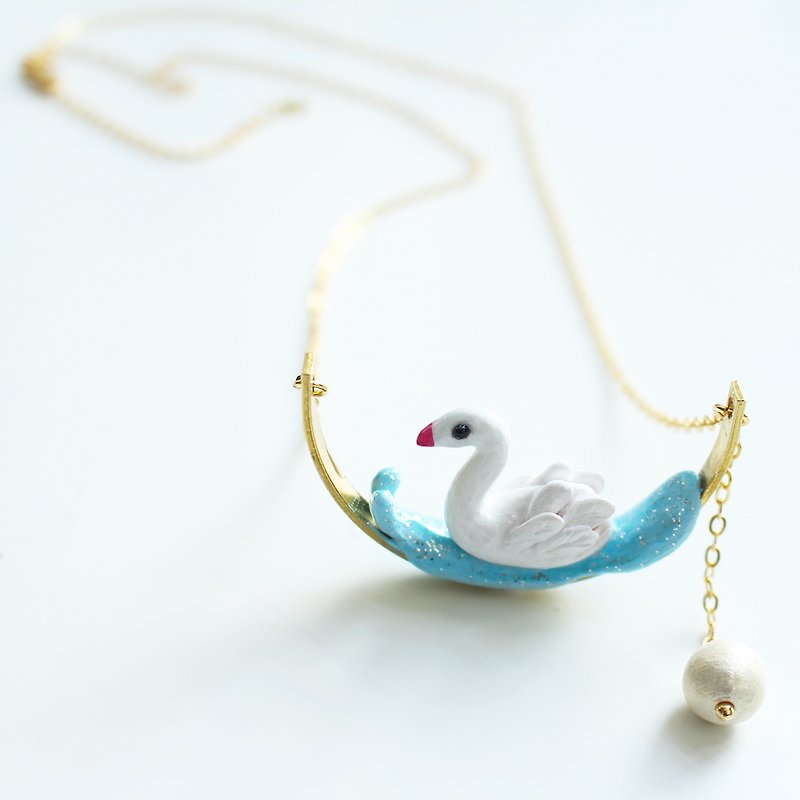 Swan necklace - polymer clay handmade necklace - Necklaces - Pottery White
