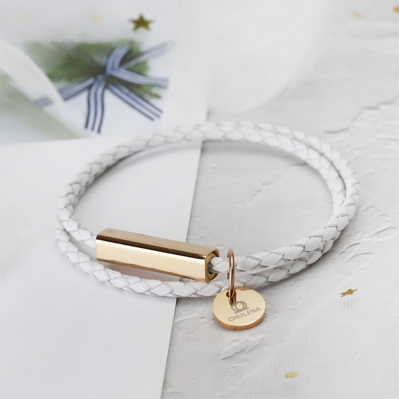 [Customized] Double Circle Genuine Leather Braided Bracelet_Rose Rose Gold(8 Colors)/Can be Engraved - Bracelets - Genuine Leather White