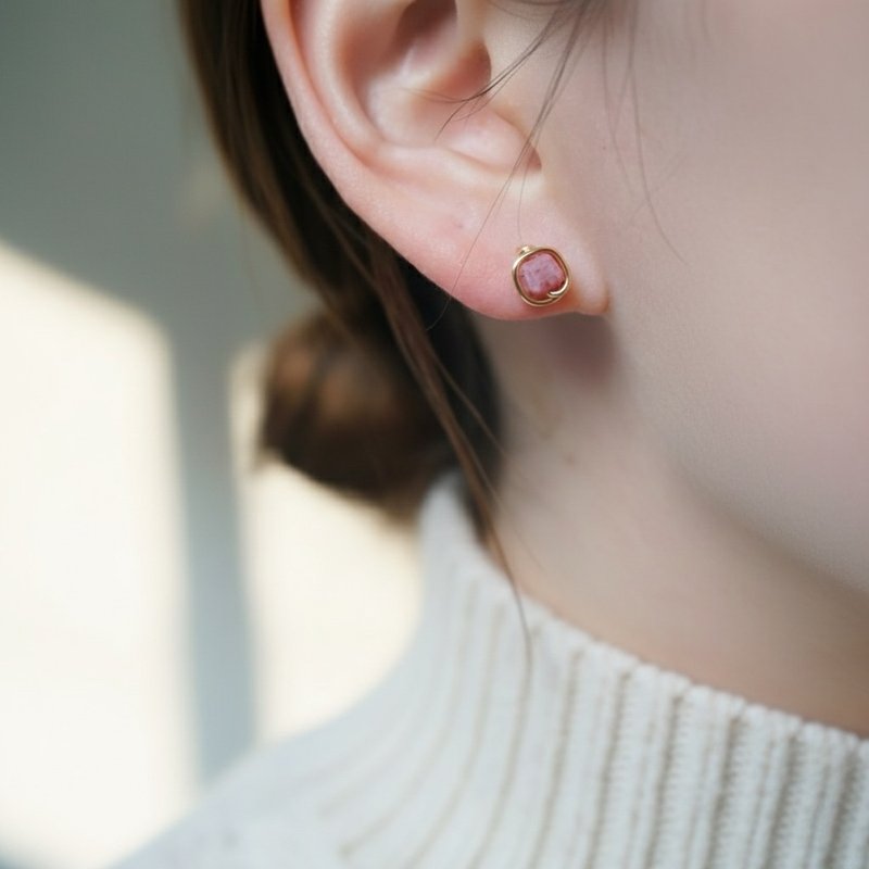 ll 4mm Faceted Square Rhodonite Earrings ll Gold Wire Frame Studs Painless Clip-ons / Pair ER-00067 - Earrings & Clip-ons - Gemstone Pink