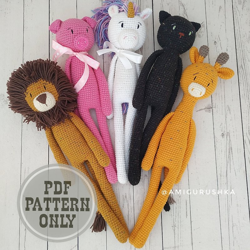 5 in 1 Amigurumi PATTERN for stuffed animal - unicorn, lion, cat, pig, giraffe - Knitting, Embroidery, Felted Wool & Sewing - Other Materials White