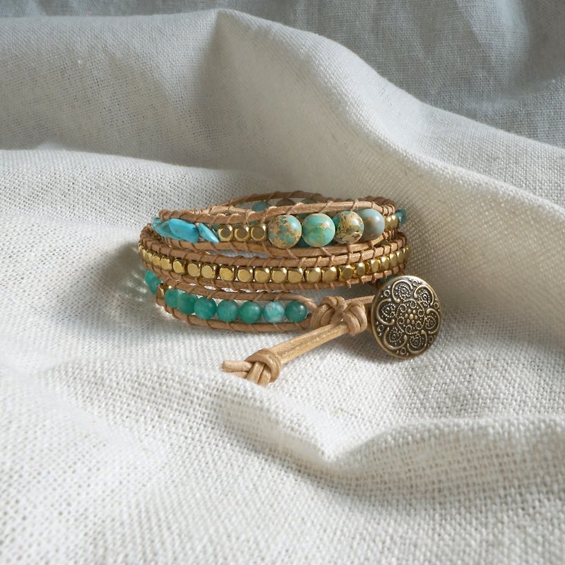 Natural stone braided bracelet - green line / three times Emperor Stone turquoise customized merchandise - Bracelets - Gemstone Green