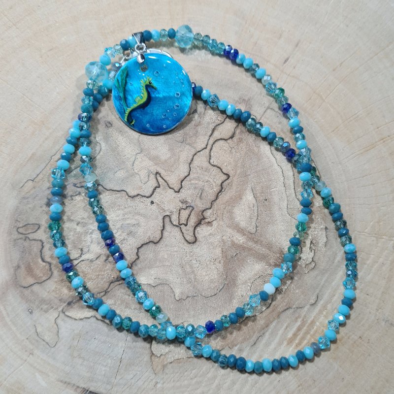 Seahorse necklace, surfer jewelry, sea wave miniature painting on pearl pendant - 項鍊 - 珍珠 藍色