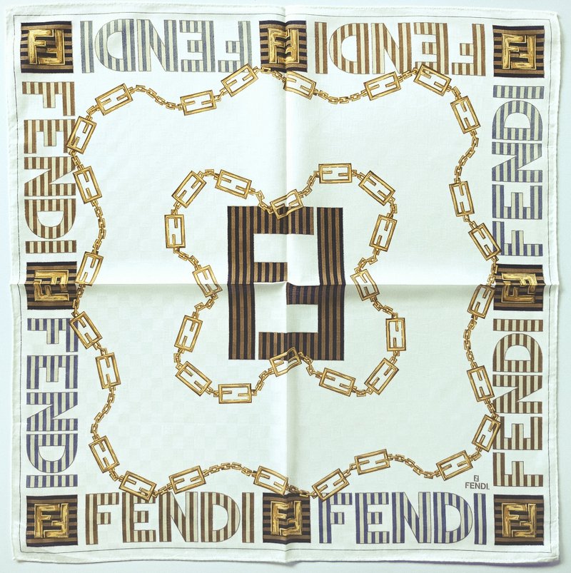 Fendi Vintage Scarf Graphic Monogram with Chain & Striped Motifs 20 x 20 Inches - 手帕 - 棉．麻 咖啡色