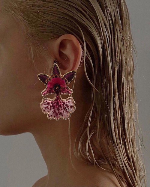 ROZMARINstore Handmade Orchids Pink Flower Earrings Beaded Jewelry